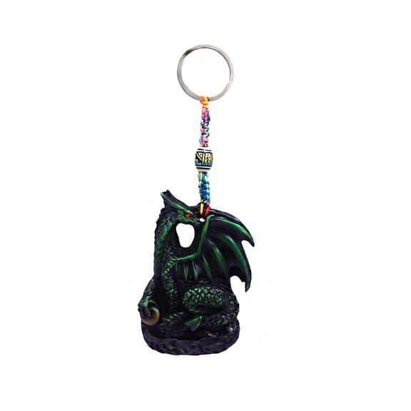 Green Dragon Fantasy 3D Figurine Keychain Multicolored Macramé Metal Ring - Handmade Gifts Boho Car Keys Bag Accessories