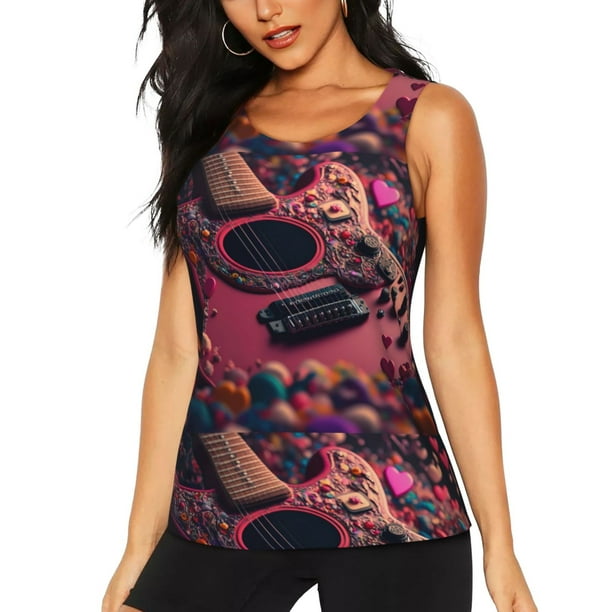Fotbe Romantic Heart Guitar Blusas Sin Mangas para Mujer – Estilo Casual, Corte Suelto, Slim-Fit, Cuello Redondo Deportivo, Tops de Verano para Gimnasio y Yoga-Large