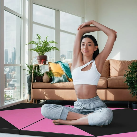 YYAo Gymnastics Mat,Exercise Training Aerobic Fitness Gym & Gymnastics Balance Mat,4-Panel PU Leather Folding Exercise Gym Mat with Hook and Loop Fasteners-Black & Pink