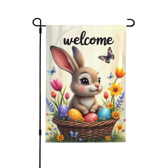 Welcome Spring Easter Bunny Garden Flag 12x18 Inch Double Sided, Cute Rabbit With Easter Eggs & Flowers, Seasonal Spring Outdoor Yard Decor