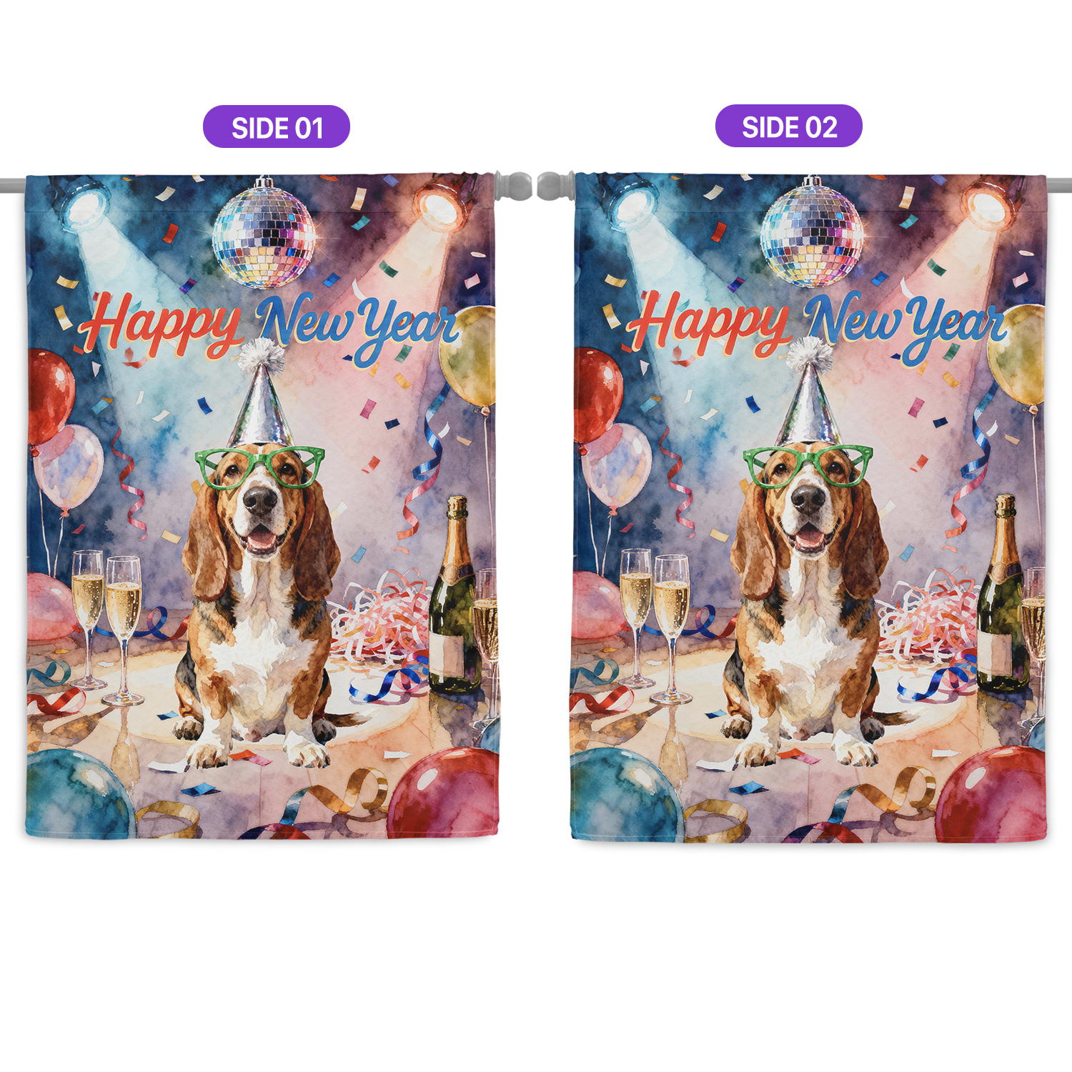 Happy New Year Basset Hound Chills on Year-End Party House Flag 28x40in Double Sided Bassets Dog Breed Lovers Gifts Idea Outdoor Decor - 12023