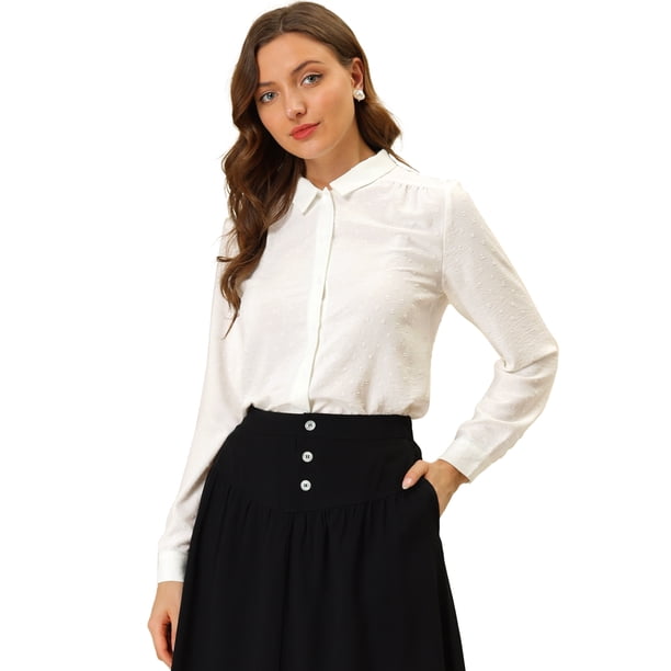 Allegra K Blusas Con Botones Y Cuello En Punta De Manga Larga Puntos suizos Office Para Mujer Blanco M
