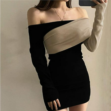 Herrnalise Women s Basic Versatile Stretchy Flared Casual Mini Skater Skirt Women Long Sleeve Stitching Strapless Bag Hip Skirt Knitted Short Skirt Dress