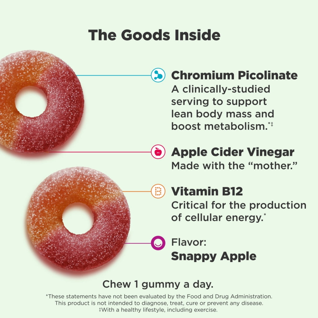 OLLY Metabolism Gummy Ring Supplement, Apple Cider Vinegar, Vitamin B12, Chromium Picolinate, Apple Flavored, 45 Ct