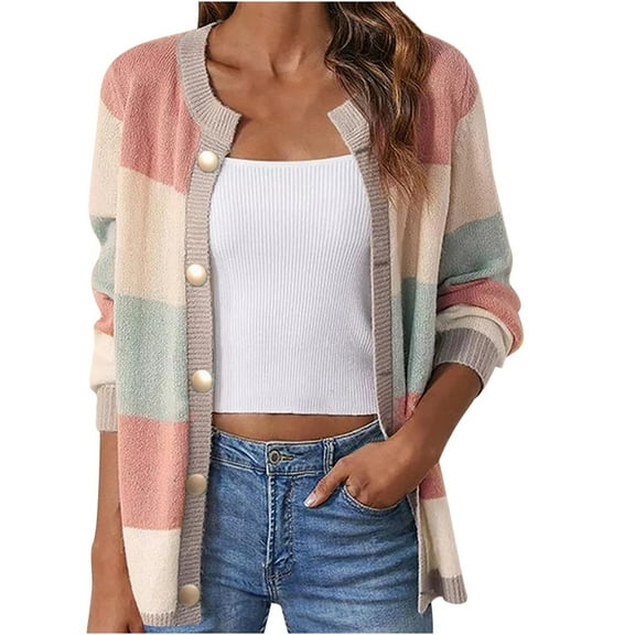 Lenpel Cardigan Sweaters for Women Casual Long Sleeve Crew Neck Color Block Button down Knit Cardigans Soft Outwear Coats(Pink,X-Large)
