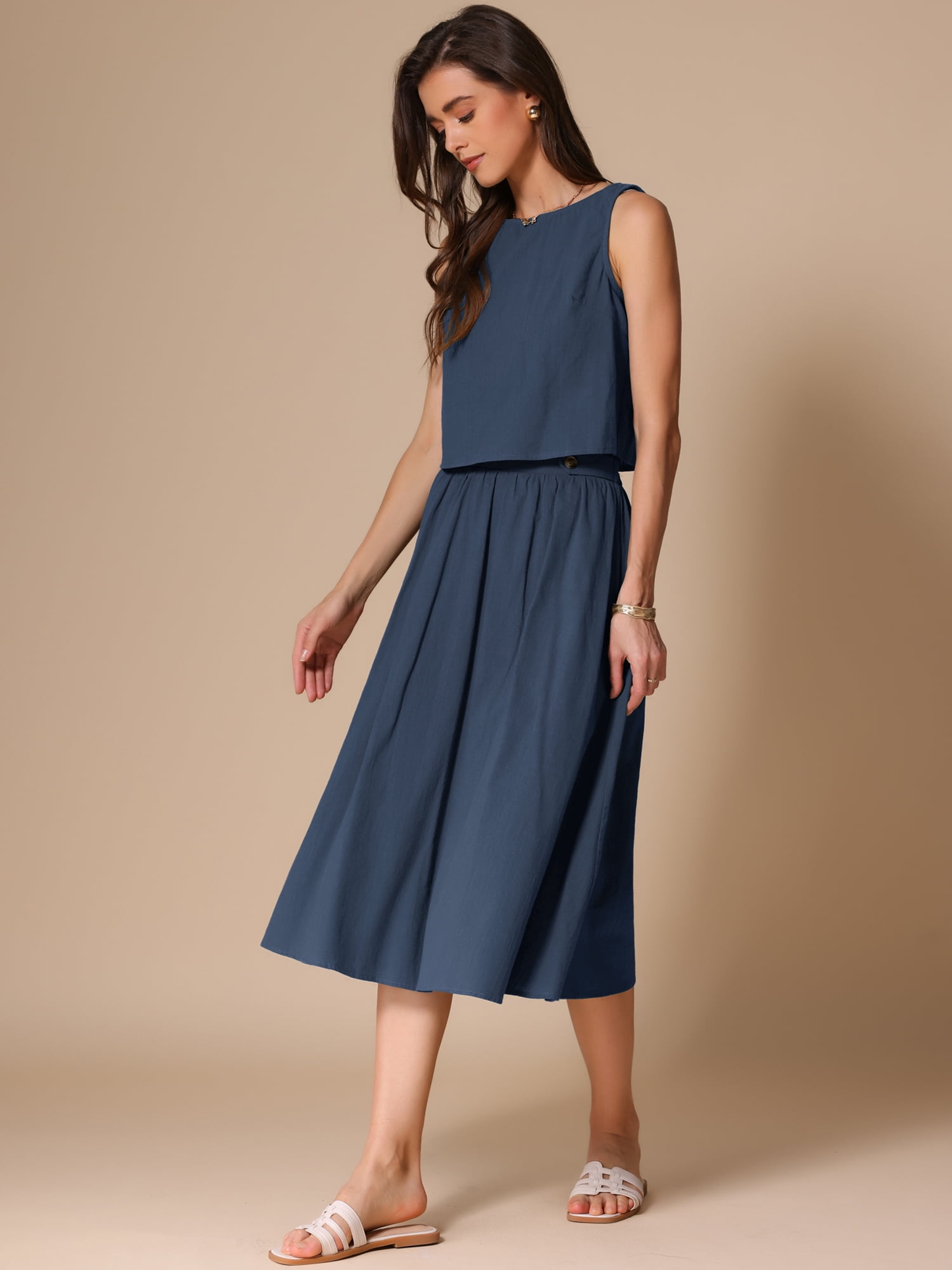 DARING DIVA Women's 2 Piece Round Neck Sleeveless Crop Top Midi Suit Set XS Dark Blue