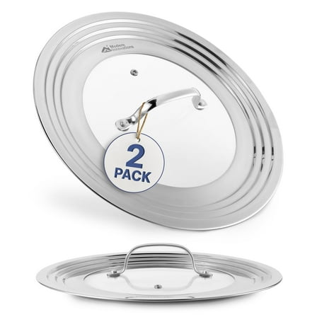 Modern Innovations Universal Lids with Tempered Glass (2 Pack), Fits 8.25 to 12 Inch Pots and Pans, Replacement Frying Pan Covers and Cast Iron Skillet Lids with Stainless Steel Rim