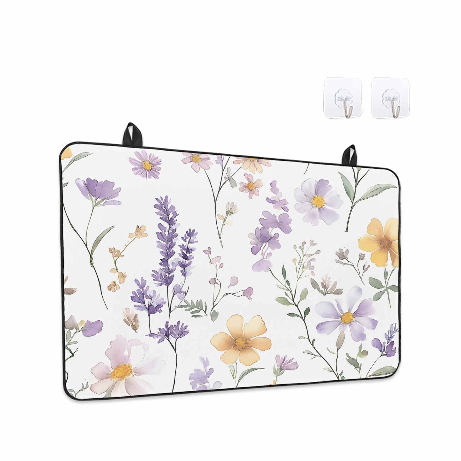 Purple Yellow Flowers Stove Top Cover for Electric Stove, Heat-proof & Non Slip Glass Top Stove Cover Protector, Spring Pastoral Botanical Floral Kitchen Flat Cooktop Rubber Mat 24x21 Inches