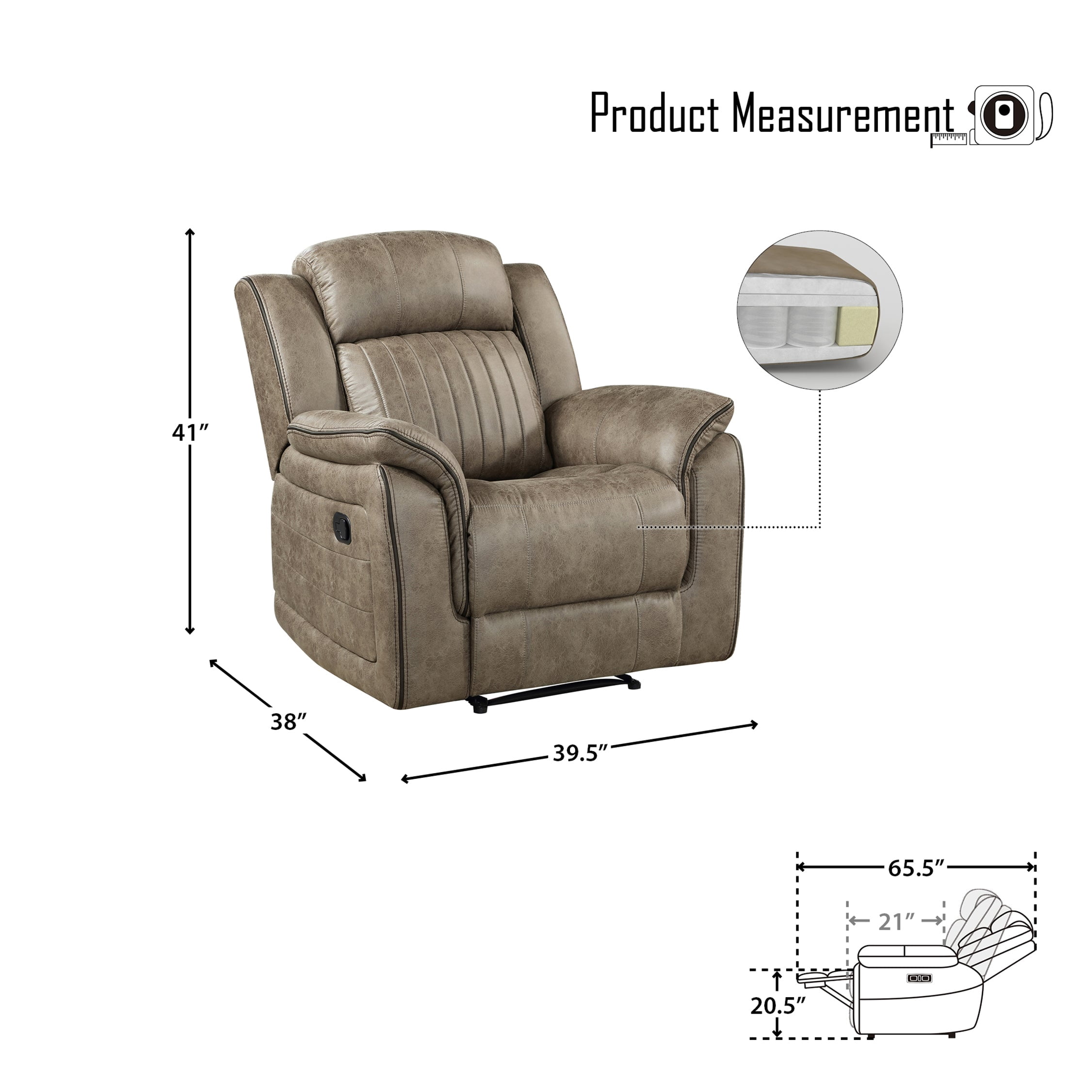 OakvillePark Paran Polished Microfiber Upholstered Reclining Chair, Sandy Brown