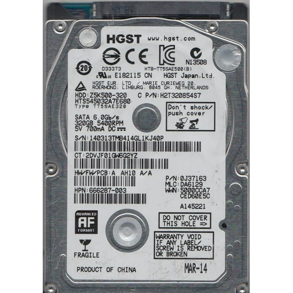 HTS545032A7E680, PN 0J37163, MLC DA6129, Hitachi 320GB SATA 2.5 Hard Drive