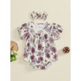 thumbnail image 3 of Musuos Newborn Girl Summer Outfit, 0-18Months Short Sleeve Crewneck Flower Print Bodysuit with Bowknot Headband 3PCS Clothes Set, 3 of 9