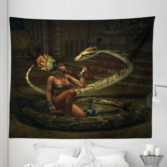 Fantasy Tapestry, Mystery Dark Skin Girl with Headdress Eye to Eye with Snake, Fabric Wall Hanging Decor for Bedroom Living Room Dorm, 5 Sizes, Green Brown Cinnamon, by Ambesonne