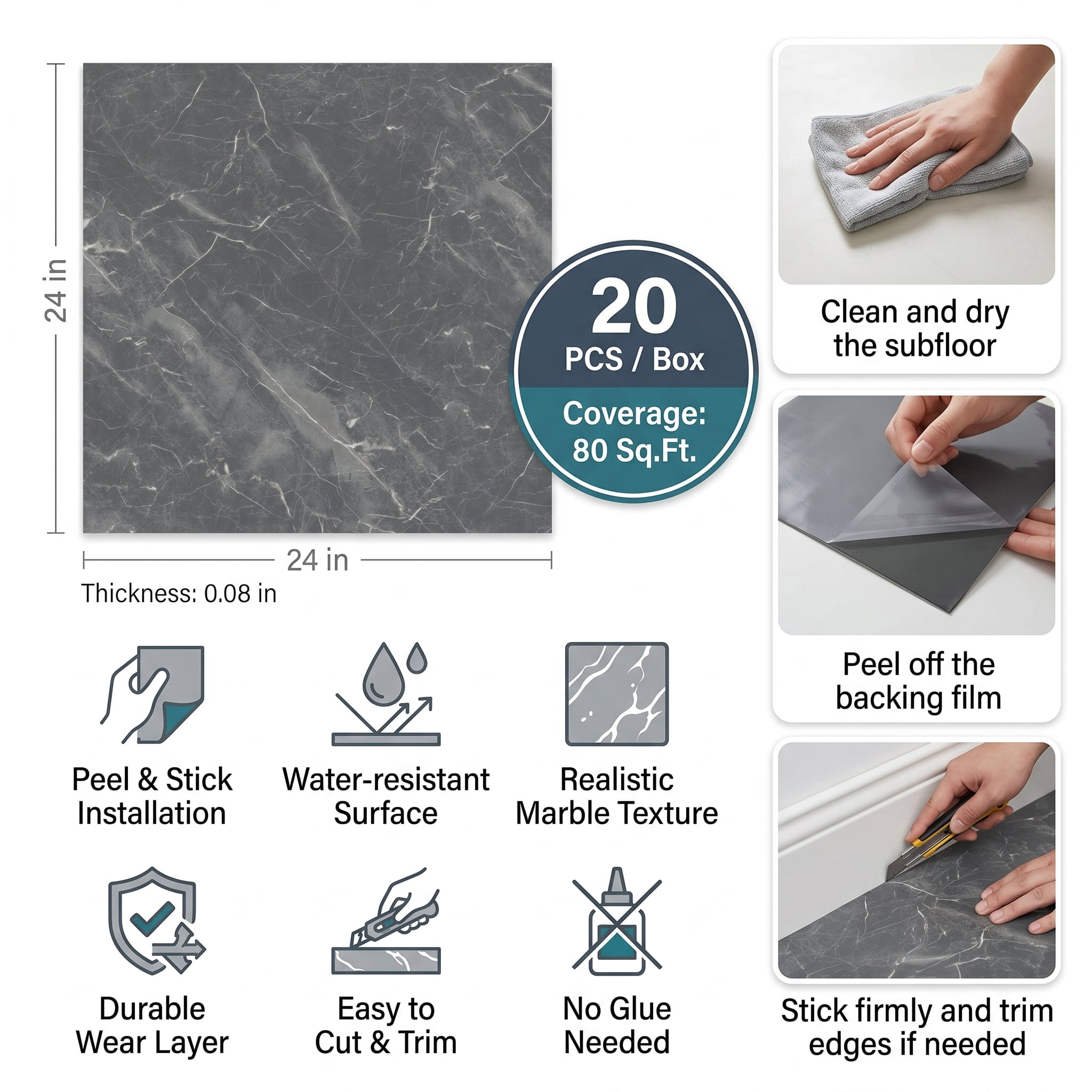 Peel and Stick PVC Vinyl Flooring 20-Pack 24x24 Inch, Self-Adhesive Floor Tiles and Waterproof Flooring for Home Kitchen Bathroom, Gray Marble Pattern