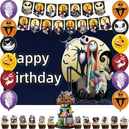 Birthday Party Supplies Set with The Nightmare Before Christmas Themed, Including Happy Birthday Banners,Background Flag,Cupcake Toppers, Balloons, Party Decor Set.