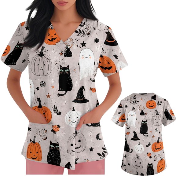 LNZGNM Halloween Womens Scrub Top V-neck Short Sleeve with Patch Pockets and Breathable Fabric Healthcare Uniform Workwear,Brown (S)