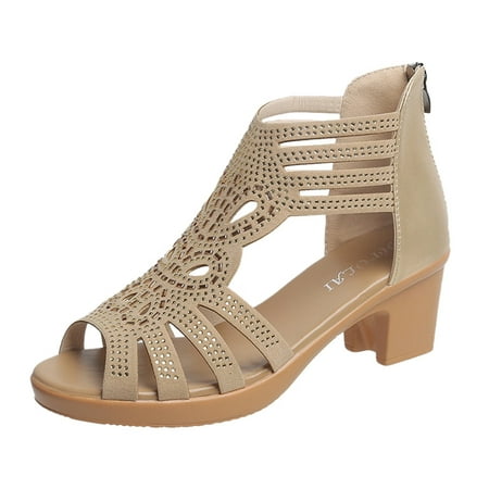 

bvgfsahne Fashion Womens Chunky High Heels Breathable Lace Up Rhinestone Shoes Casual Sandals