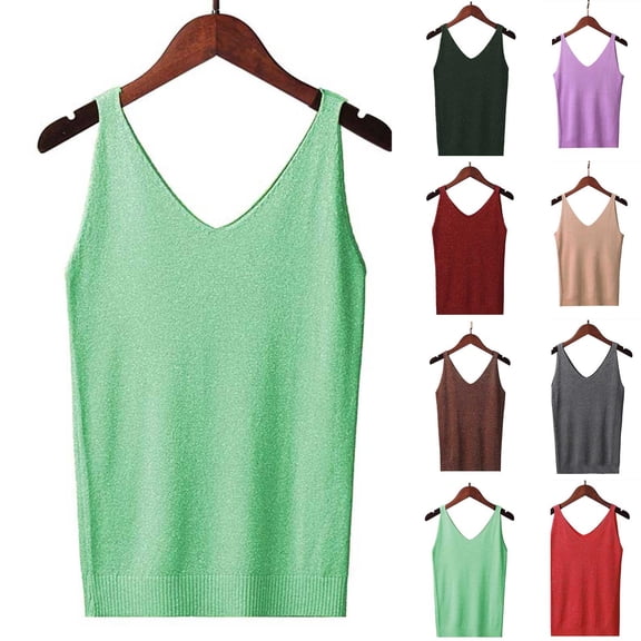 Inverlee Women's Casual Quick Dry Tank Tops Trendy Solid Sleeveless Petite Shirts Summer V Neck Cami Tops with Pleated Hem