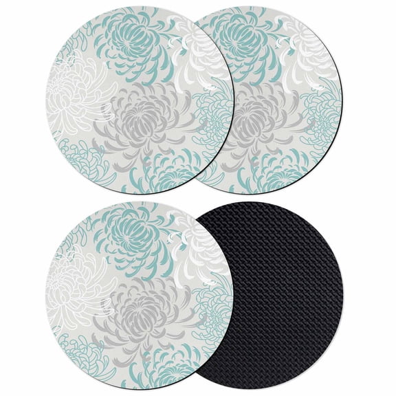 Aqua White Coasters Set of 4, Abstract Grey Chrysanthemum Flower Floral Absorbent Coasters for Drinks, Coaster for Bar Office Dining Coffee Table Accessories Decor, Non Slip Round Desk Coaster