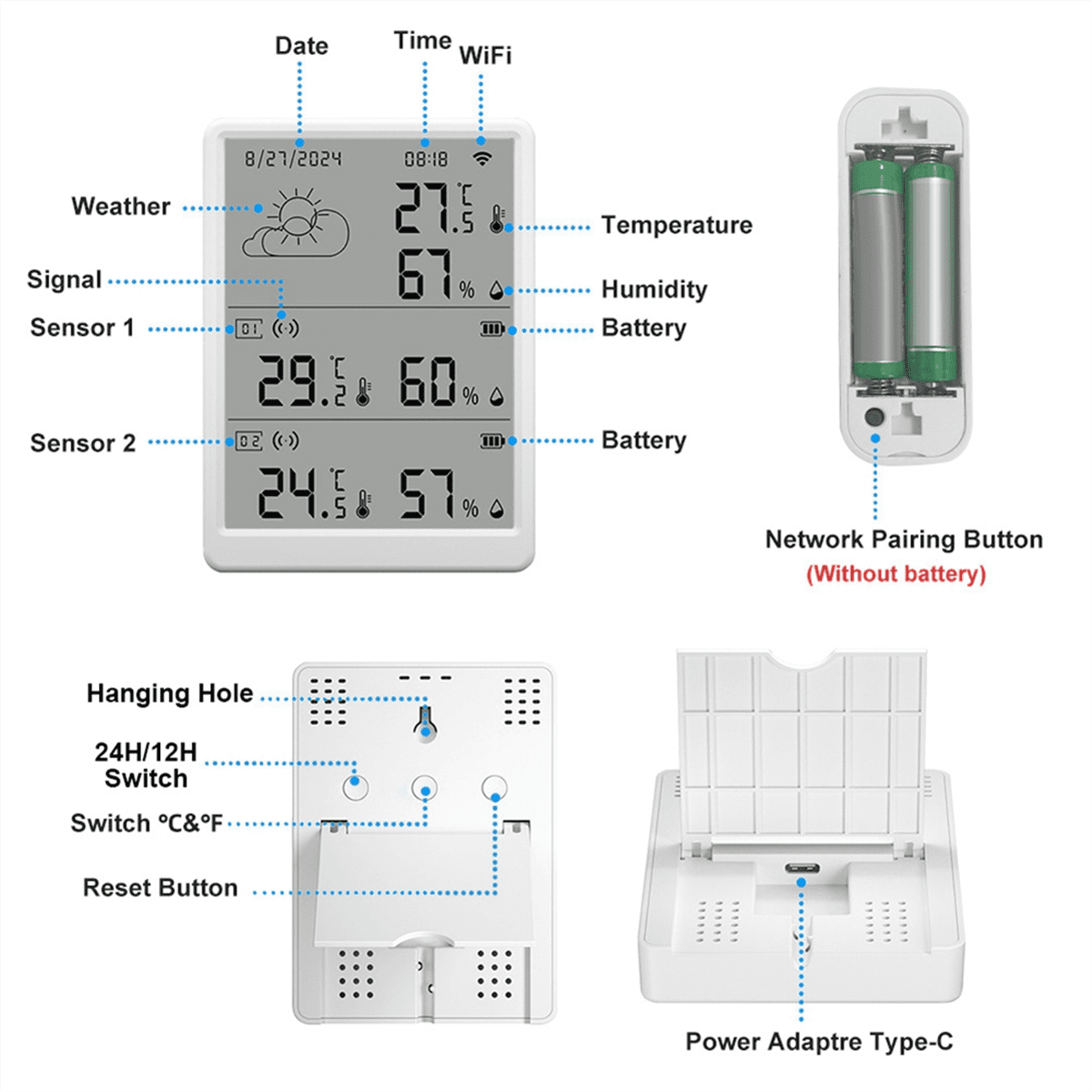 Tuya WiFi+RF433 Temperature Humidity Sensor Weather Station Display Monitor Thermometer Hygrometer Support Voice Control