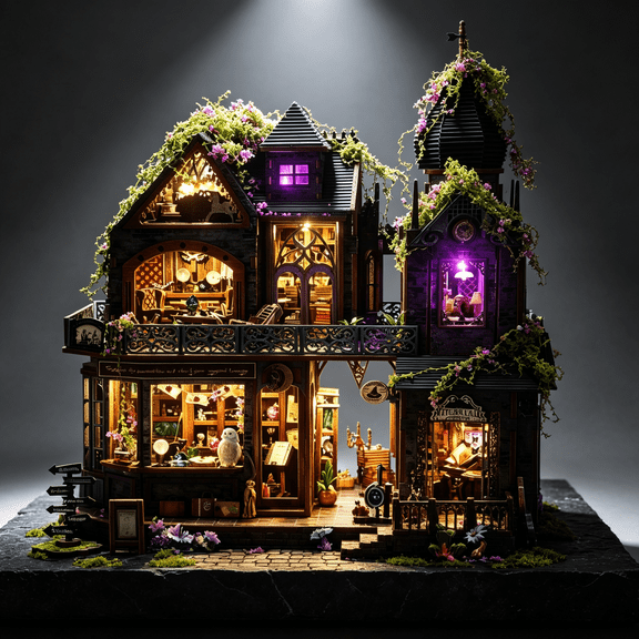 Halloween DIY Enchanted Castle, Light‑Up Musical Magic Store Building Set, Craft Kits for Adults, Detailed Wooden 3D Puzzle Model, Halloween Decorations Indoor & Holiday Collectible Gift