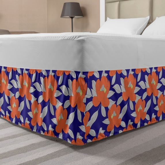Flower Bed Skirt, Illustration of Floral Themes Detailed Magnolia Silhouettes Season Art, Elastic Bedskirt Dust Ruffle Wrap Around for Bedding Decor, 4 Sizes, Indigo Pale Taupe Orange, by Ambesonne