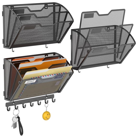 YINGHUA 3 Pack 3 Tier Mesh Wall File Holders with Hooks for Mail, Black | Space-saving vertical design with utility hooks. Ideal paper document organizer for office, home, and school