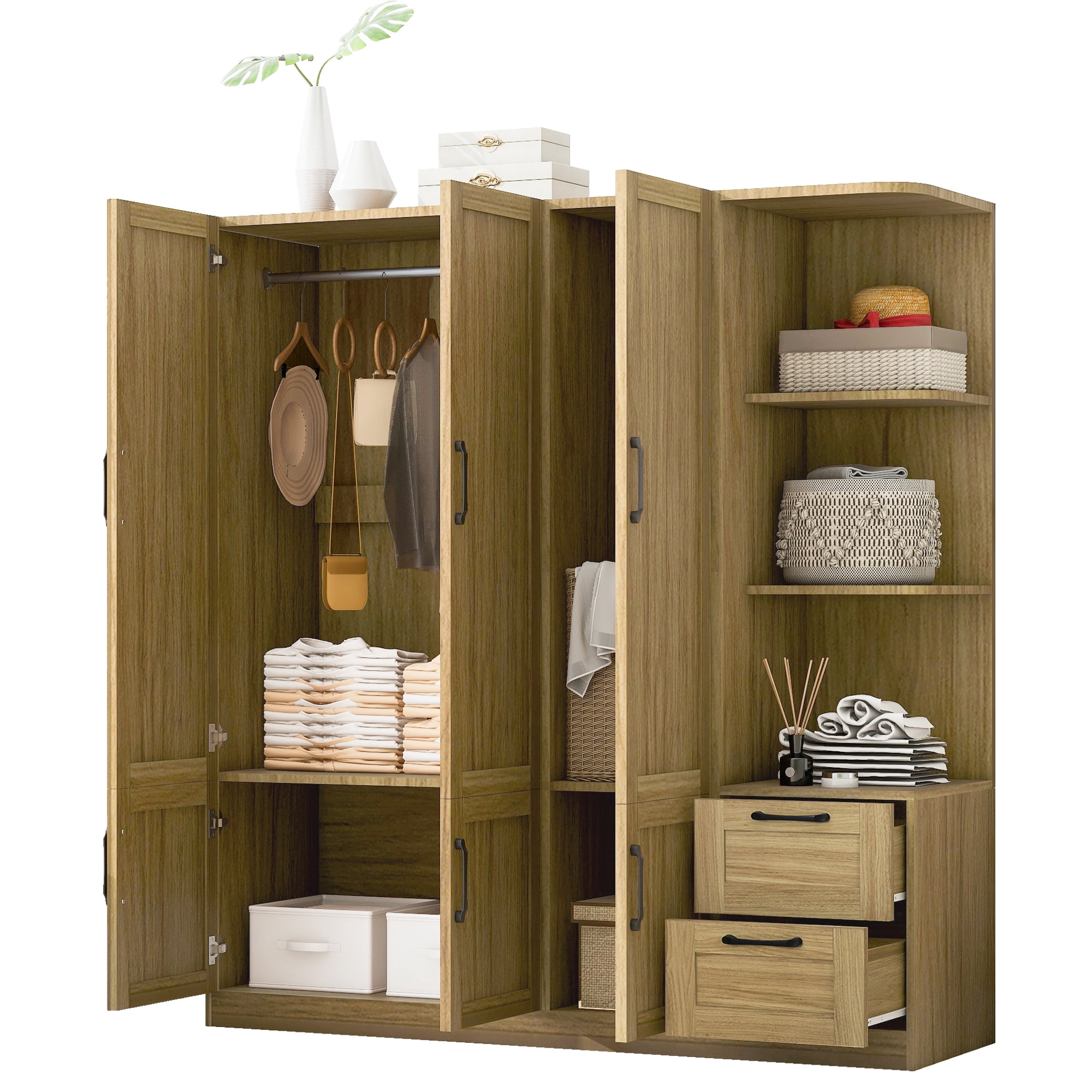 Euroco Modern Wood 3-Door Wardrobe with Drawers and Shelves for Kids Adults, Natural