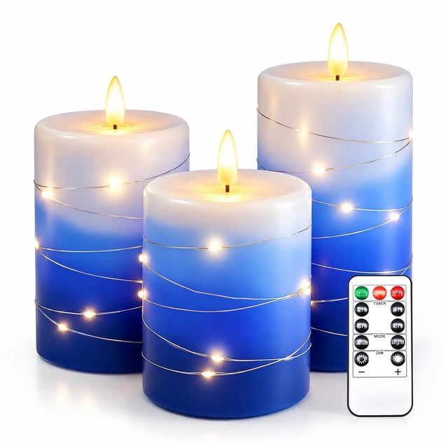 Set de velas LED sin llama haitanghua de 3 piezas, azul con control remoto