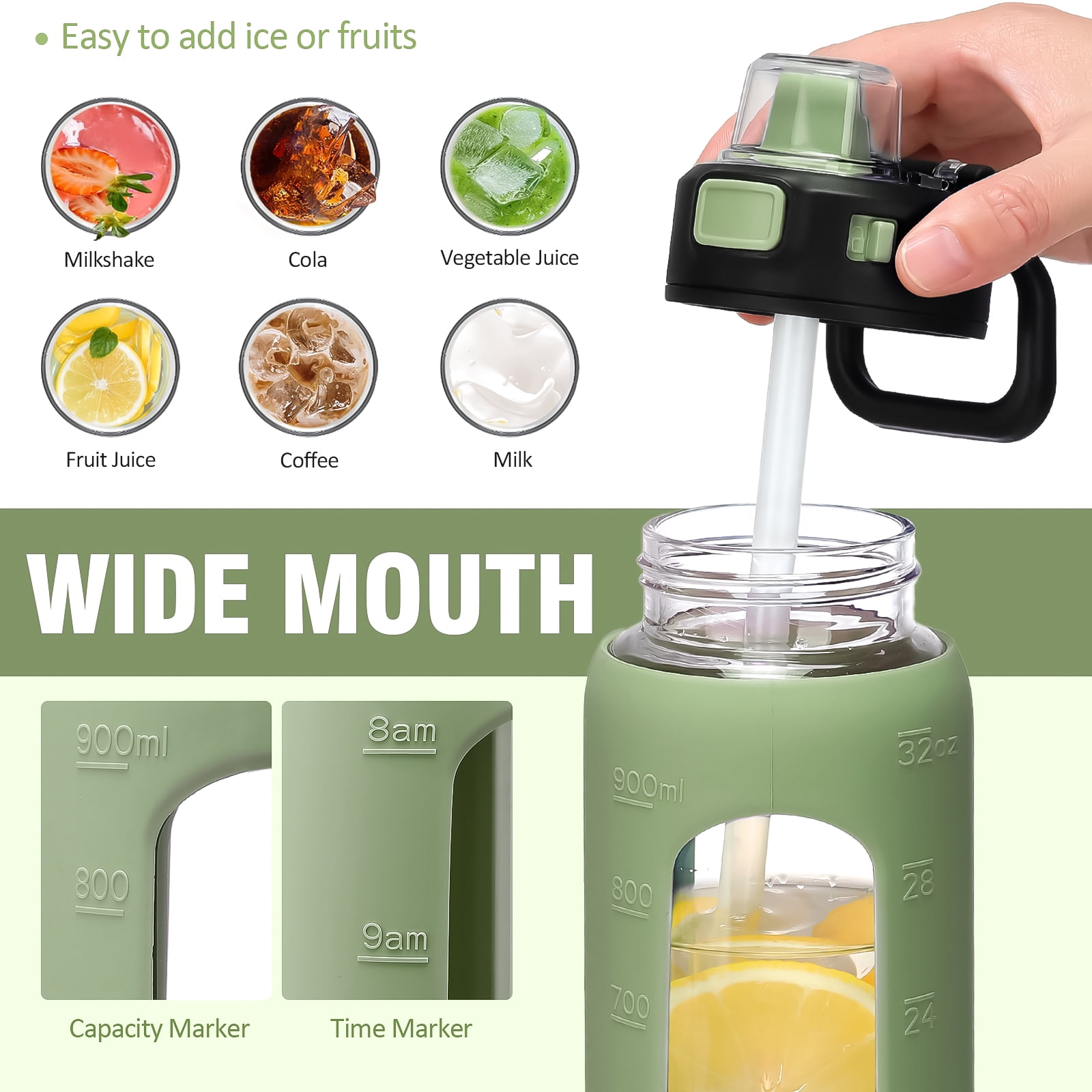 MUKOKO Water Bottle, 32oz Glass Drinking Bottle with Straw, Motivational Water Bottle with Leak Proof Locking Lid , Travel Sports Water Jug with Water Marker, Olive