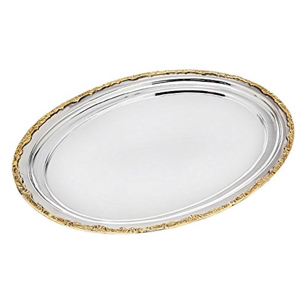 Stainless Steel Oval Gold Rim Border Trim Serving Tray Platter