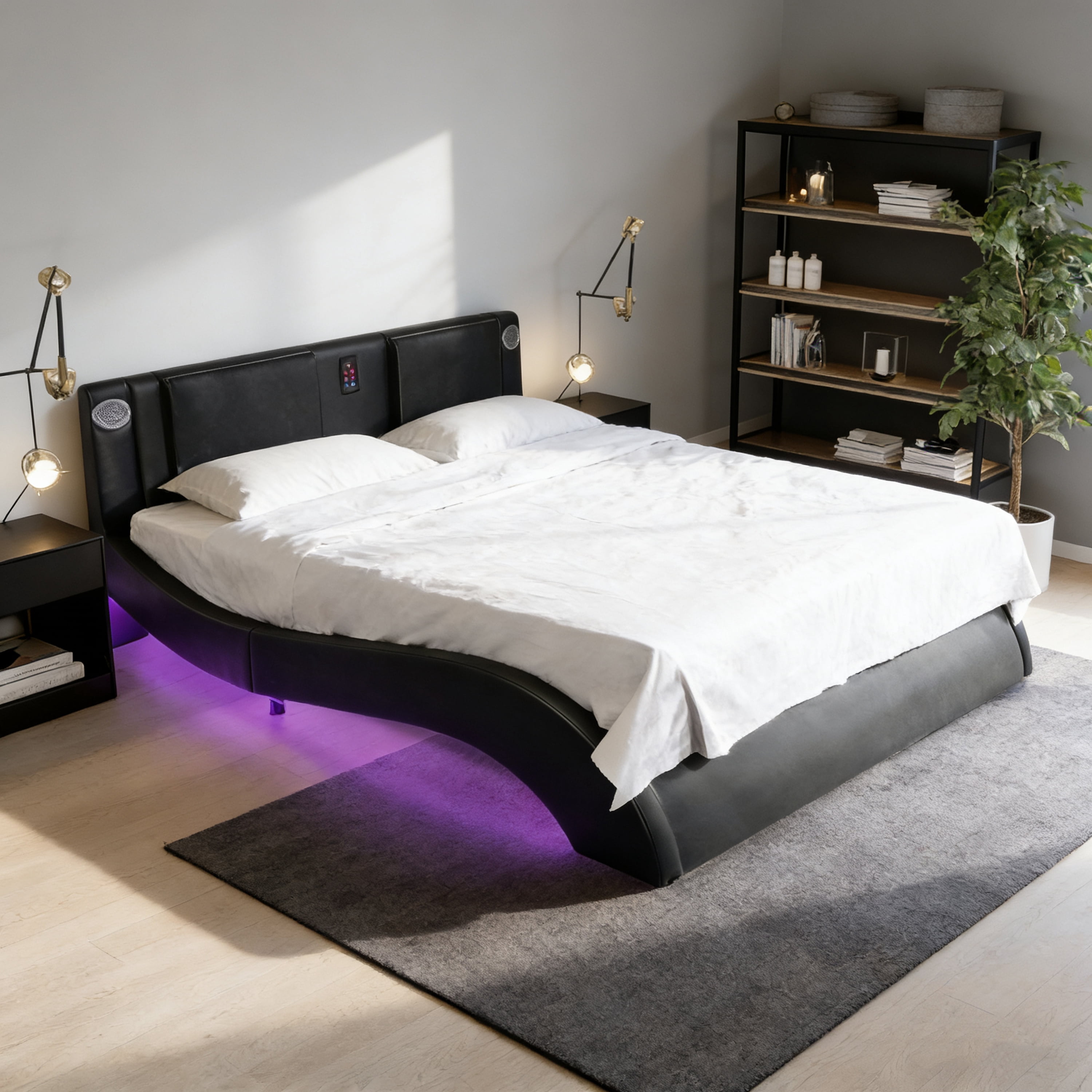 Mintazer Queen Faux Leather Platform Bed Frame with Massage Headboard & Bluetooth Speakers, Upholstered Platform Bed with USB Charging Ports & RGB LED Under Bed Lights for Bedroom, Black