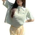 thumbnail image 2 of Femmes Tricoté Manches Courtes Haut Rayé Col Rabattu Bouton devant Casual Été Pull-Over T-Shirt, 2 of 8
