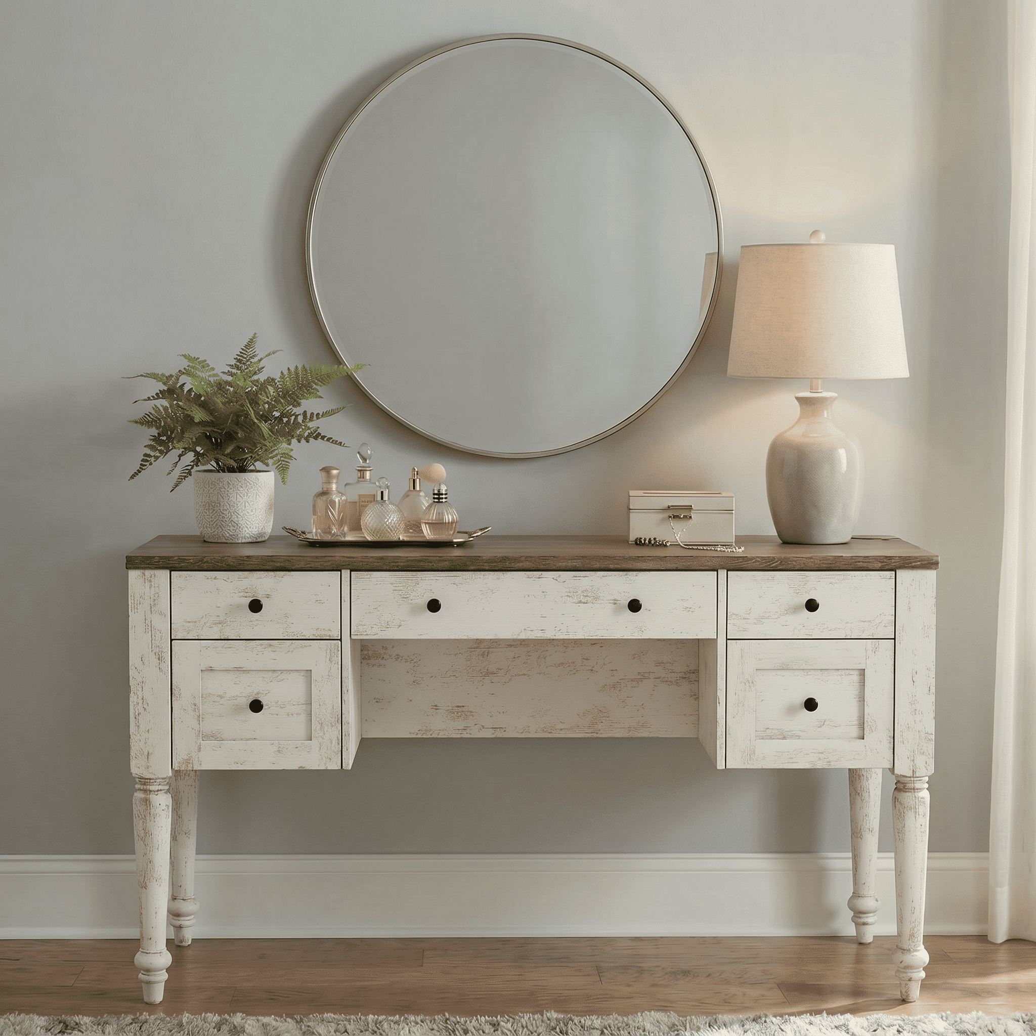 Vanity Desk with 5 Drawers, Home Office Desk with Charging Station, No Mirror, Makeup Vanity Dressing Table with Rear Cabinet Storage, Door, Open Shelf for Bedroom, Rustic White