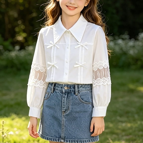 Oiangi Girls Turtleneck Elegant Ruffled Blouses Long Sleeve Button Down Shirt Fall Teen Girl Classic Uniform Top 2-White 12-13 Years