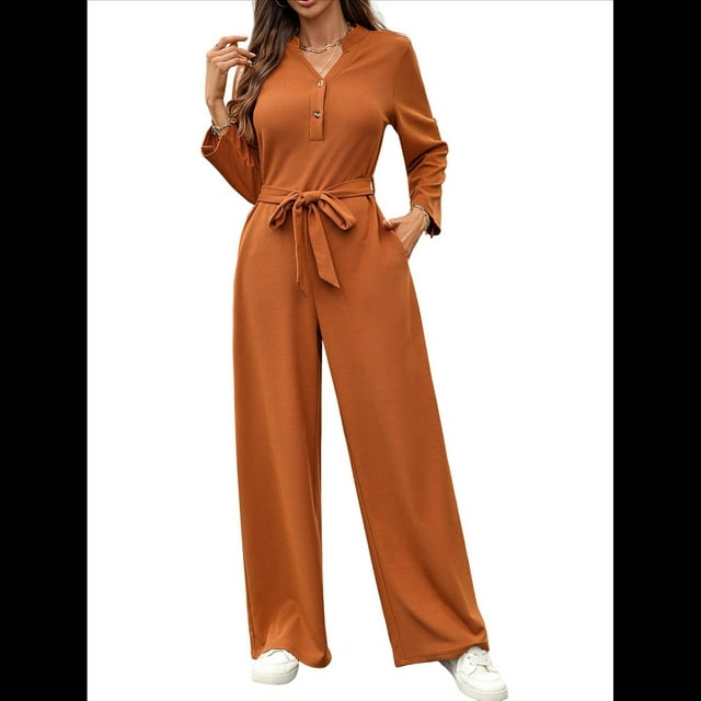 de Mujer de Larga con Cuello en V, Elegantes, Informales, de Pierna , para Otoño 2025. Color Caramelo XL