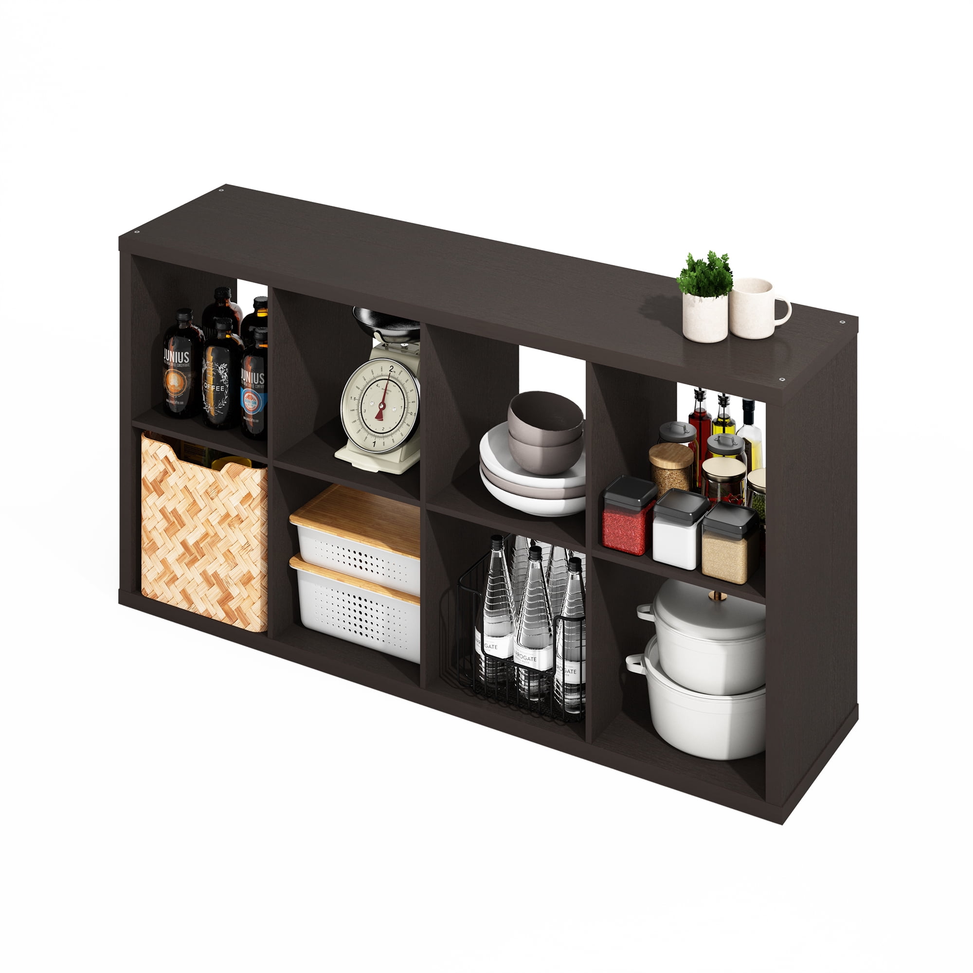 Furinno HERMITE 8 Cube Kitchen Island with Storage Bakers Rack in Black Oak