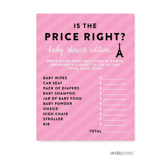 Is The Price Right?  Paris Bonjour Bebe Girl Baby Shower Game, 20-Pack