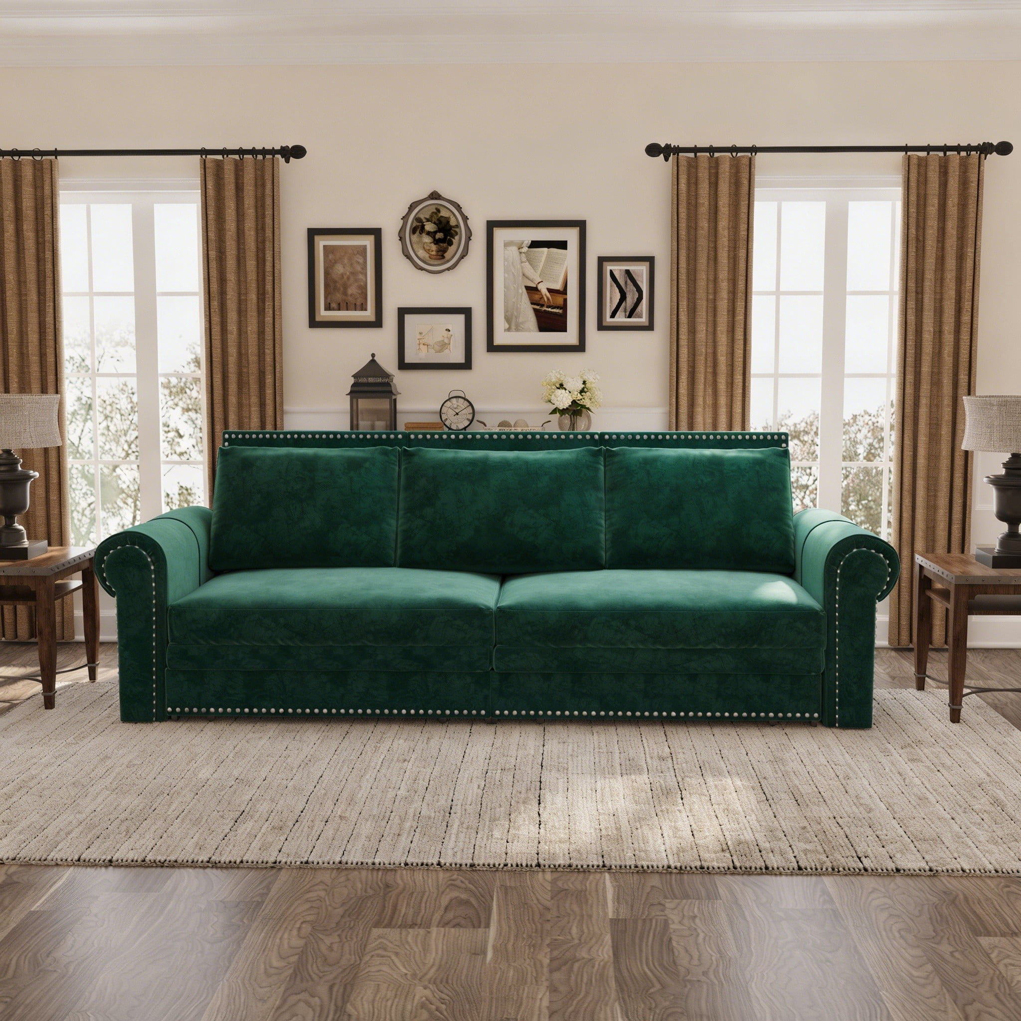 3-in-1 Convertible Velvet Sofa Bed, King Size Pull Out Sleeper Couch, Green