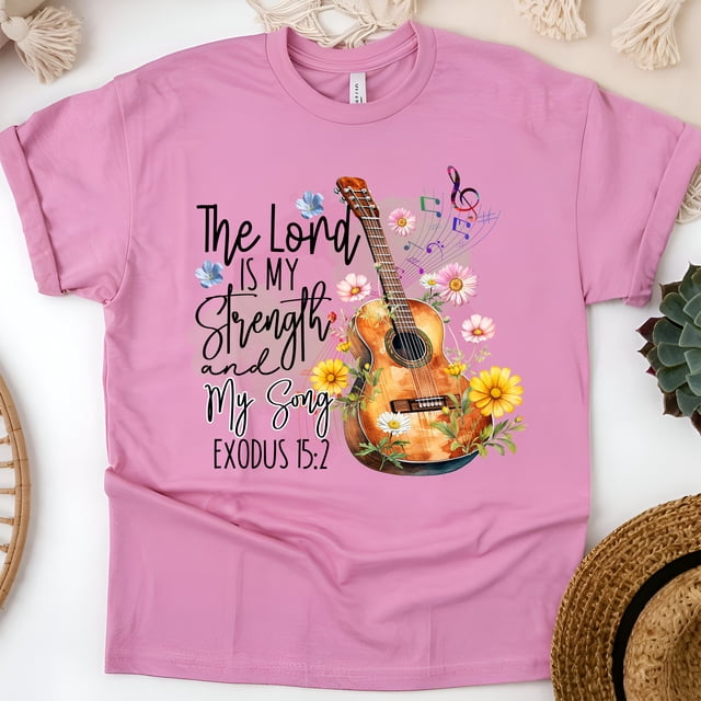 The Lord Is My Strength Christian Guitar Scripture T-Shirt, Azalea, Size M