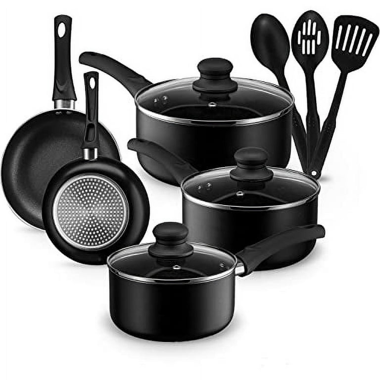 Pots and Pans Set, Aluminum Nonstick Cookware Set, Fry Pans, Casserole with Lid, Sauce Pan, and Utensils, 11 Piece Cooking Set (Black)