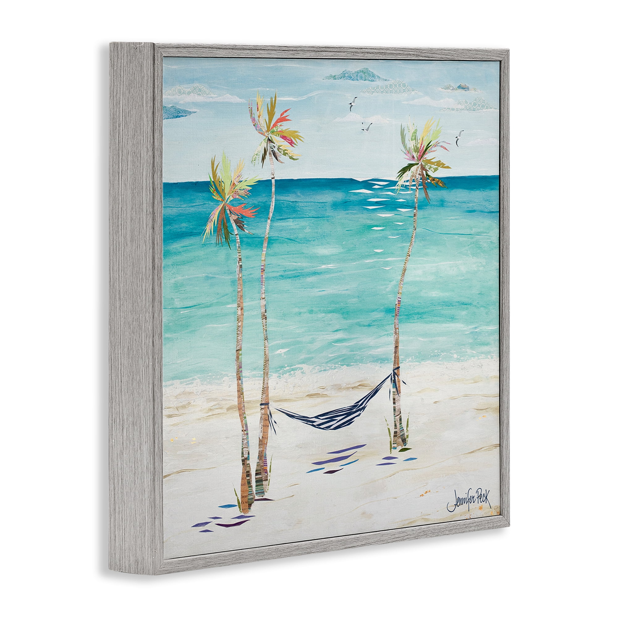 Stupell Industries Hammock & Three Palms Coastal Painting Gray Framed Art Print Wall Art, 24 x 24