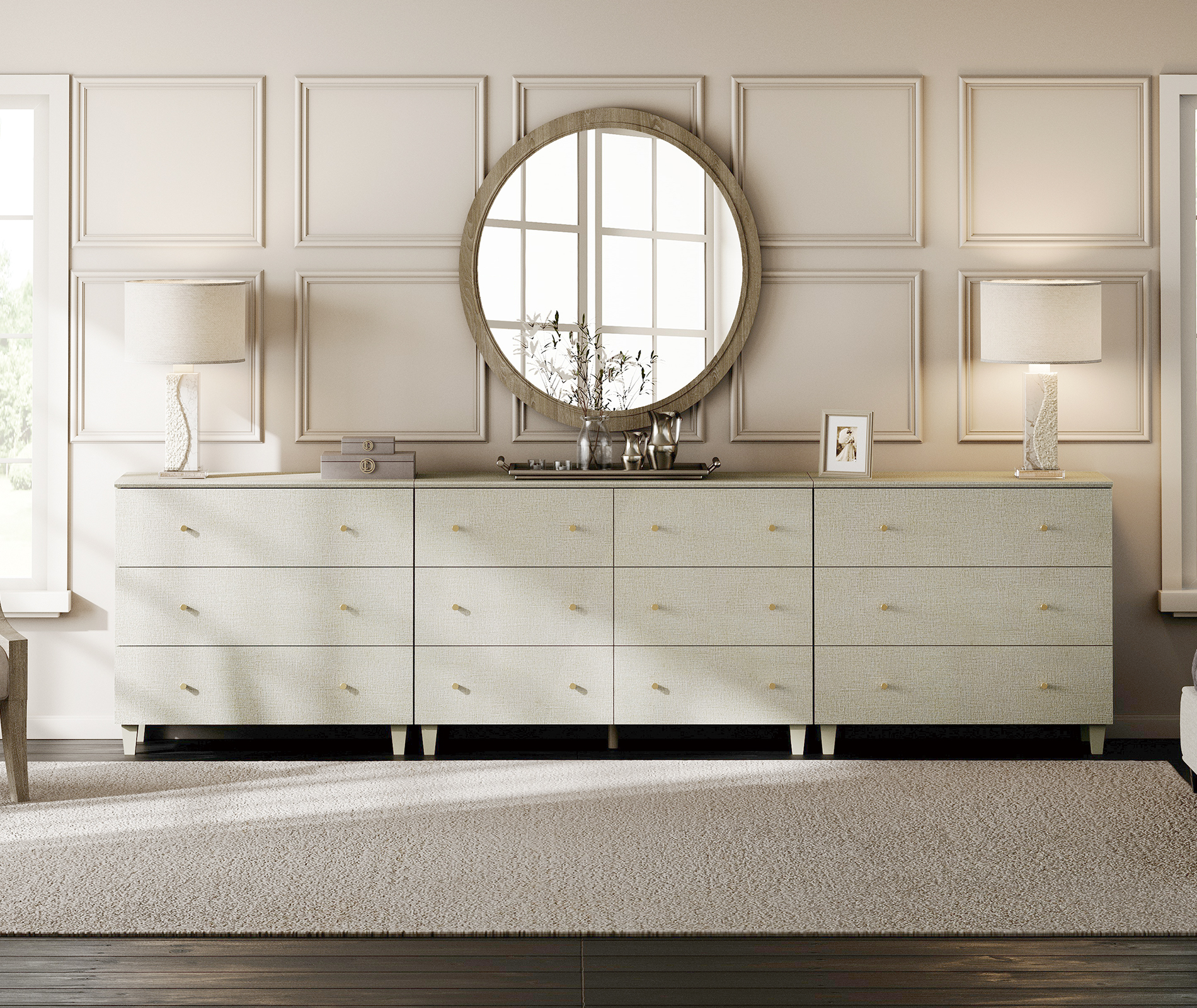 WAMPAT 12 Drawers Modern Wood Dresser for Bedroom, Modern Chest of Drawer, 118" Wide, Beige Linen Printed Finish