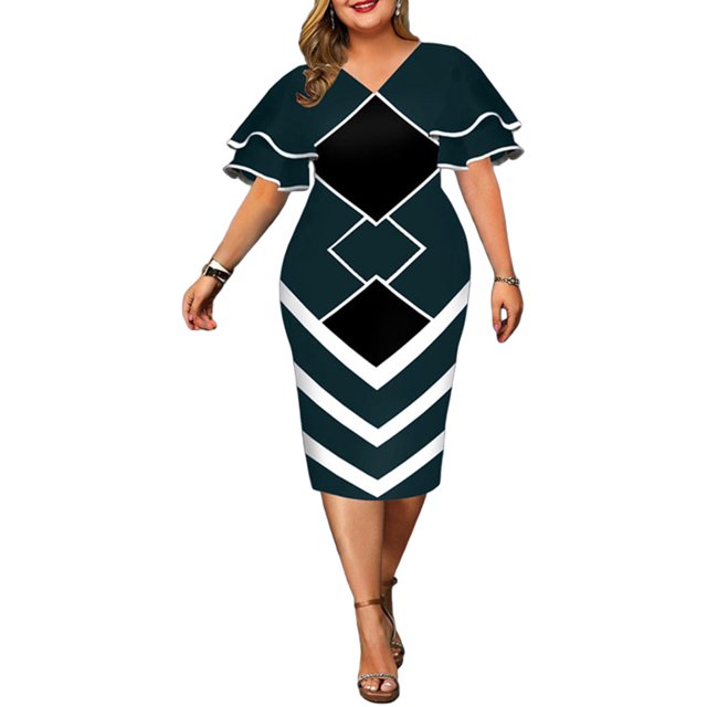 Sunloudy Vestido ajustado para mujer, cuello en V, doble capa, manga corta con volantes, cremallera trasera, falda de una pieza Sunloudy S M L XL 2XL 3XL 4XL