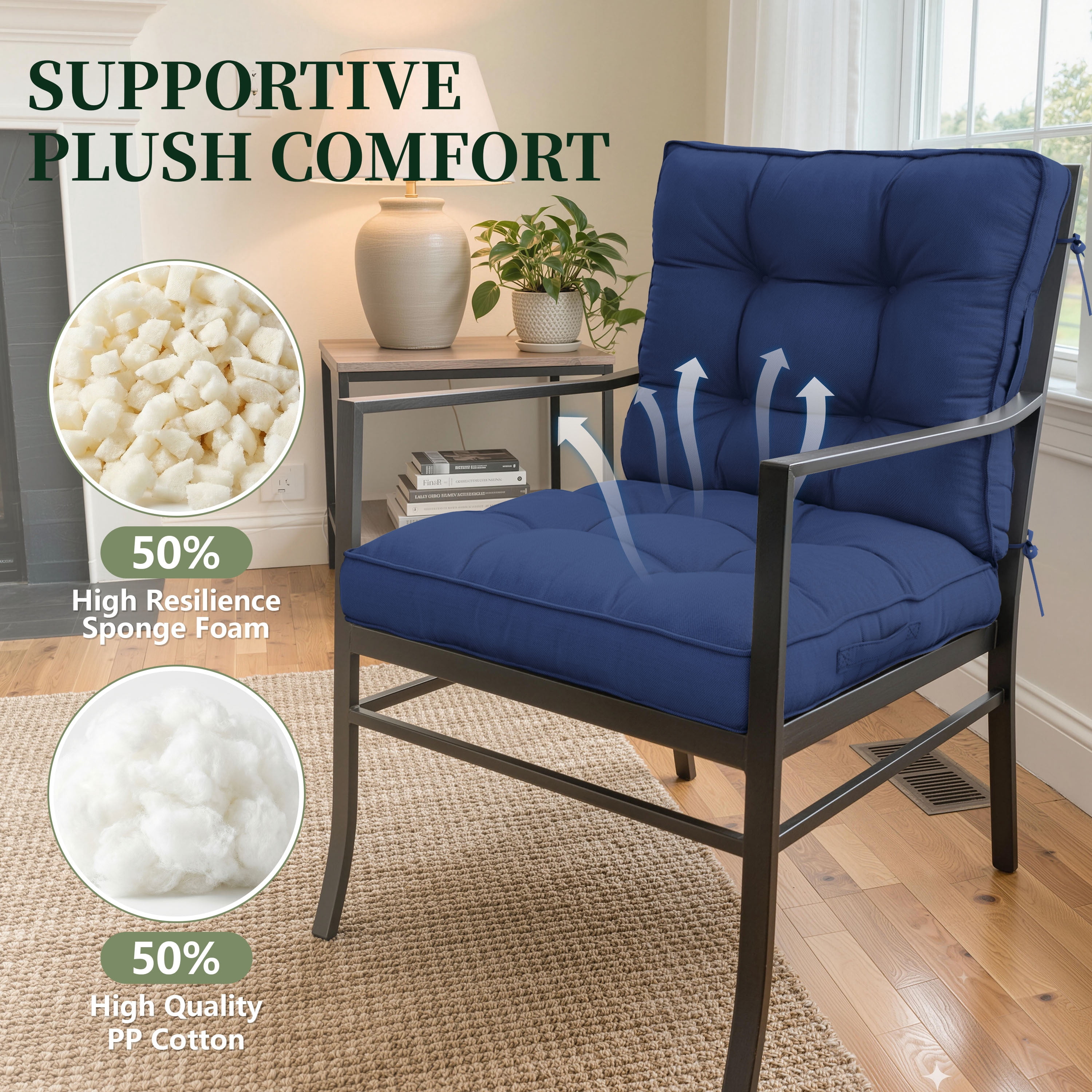 Pakunoda Chairs Cushions 42" X 21" Tufted Non Slip Pad Seat and Seatback 4 Set Cushion with Ties for Patio Outdoor & Indoor Rocking Chair, Blue
