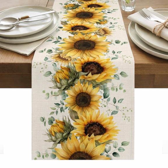 Sunflower Table Runner - 70 Inch Long, Kitchen Dining Table Runner Dresser Scarves, Yellow Floral Pastoral Botanical Leaves Rustic Farmhouse Decor for Coffee Tables Wedding Party Banquet