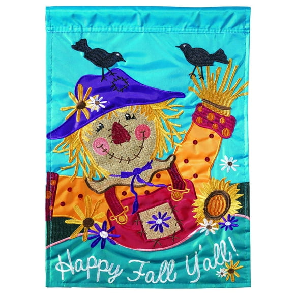 Magnolia Garden Happy Fall Y'all Whimsical Scarecrow 13 x 18 Small Double Applique Outdoor Harvest House Flag