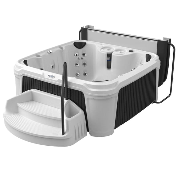 AquaRest DayDream Ensemble 3500S 6-Person 35-Jet Plug and Play Hot Tub with 2 LED Waterfalls, Step with Handrail and Cover with Lifter, Whitestone/Black