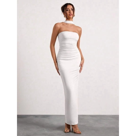 White Ruched Halterneck Strapless Maxi Dress For Evening Formal Occasion