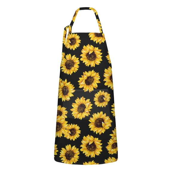 Black Yellow Sunflower Pattern Apron-Garden Aprons for Women with Pockets-Cotton Linen Waterproof Kitchen Cooking Gardening Aprons Adjustable for Kitchen,Cooking,BBQ and Salon 33x27 Inch