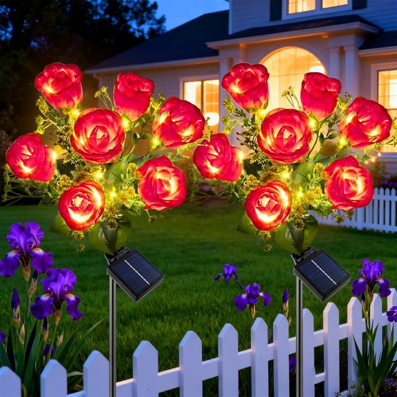 Rirool Solar Rose Flower Lights Outdoor 2 Pack, 7 Heads Red Rose Solar Garden Lights with 8 Lighting Modes, Waterproof Auto On/Off Solar Lights for Yard Patio Lawn Pathway Decor